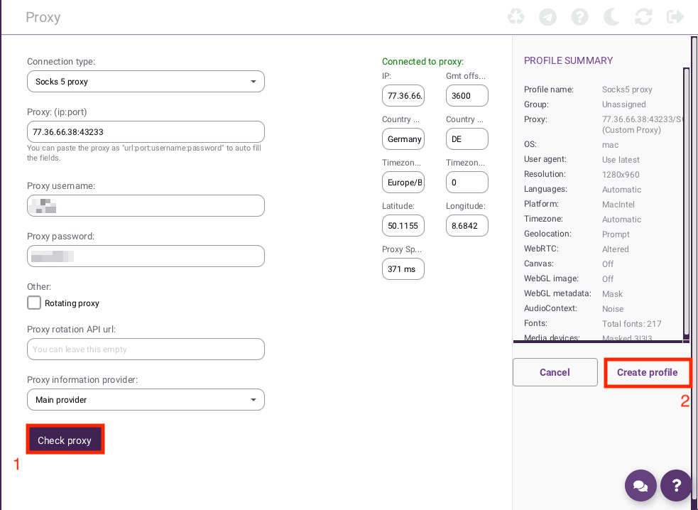 Check proxy connection and create profile in Incogniton