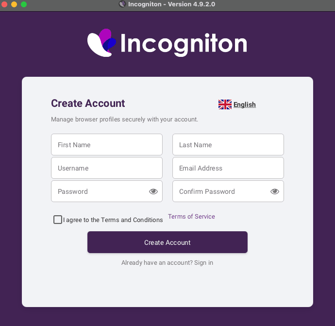 Create a new Incogniton account on the signup screen