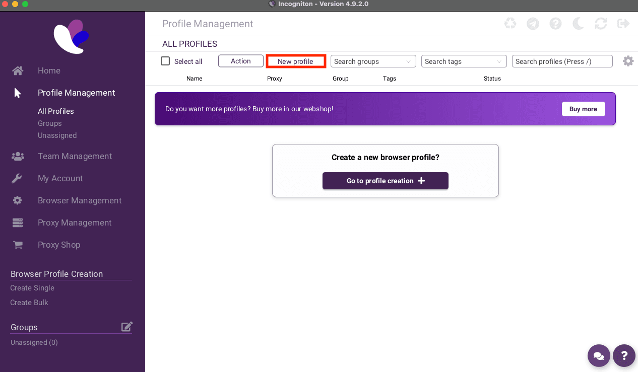 Create a new browser profile in Incogniton profile management