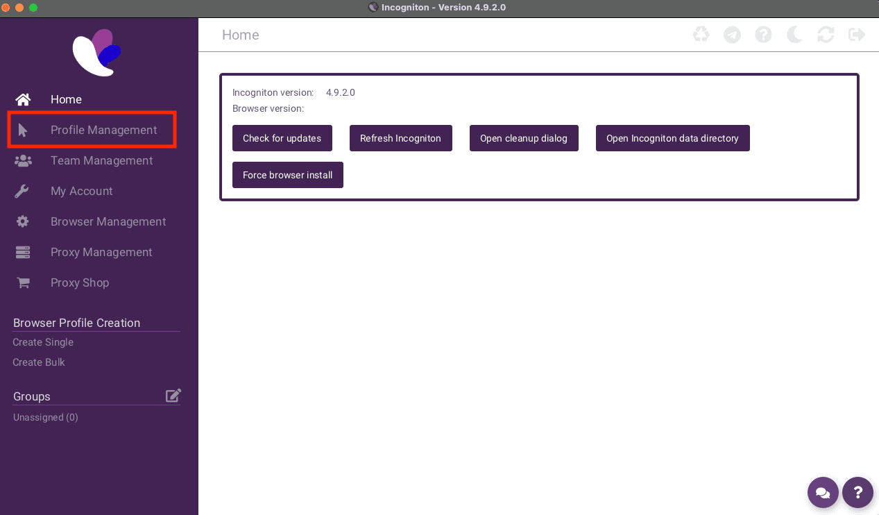 Open profile management in the Incogniton desktop app