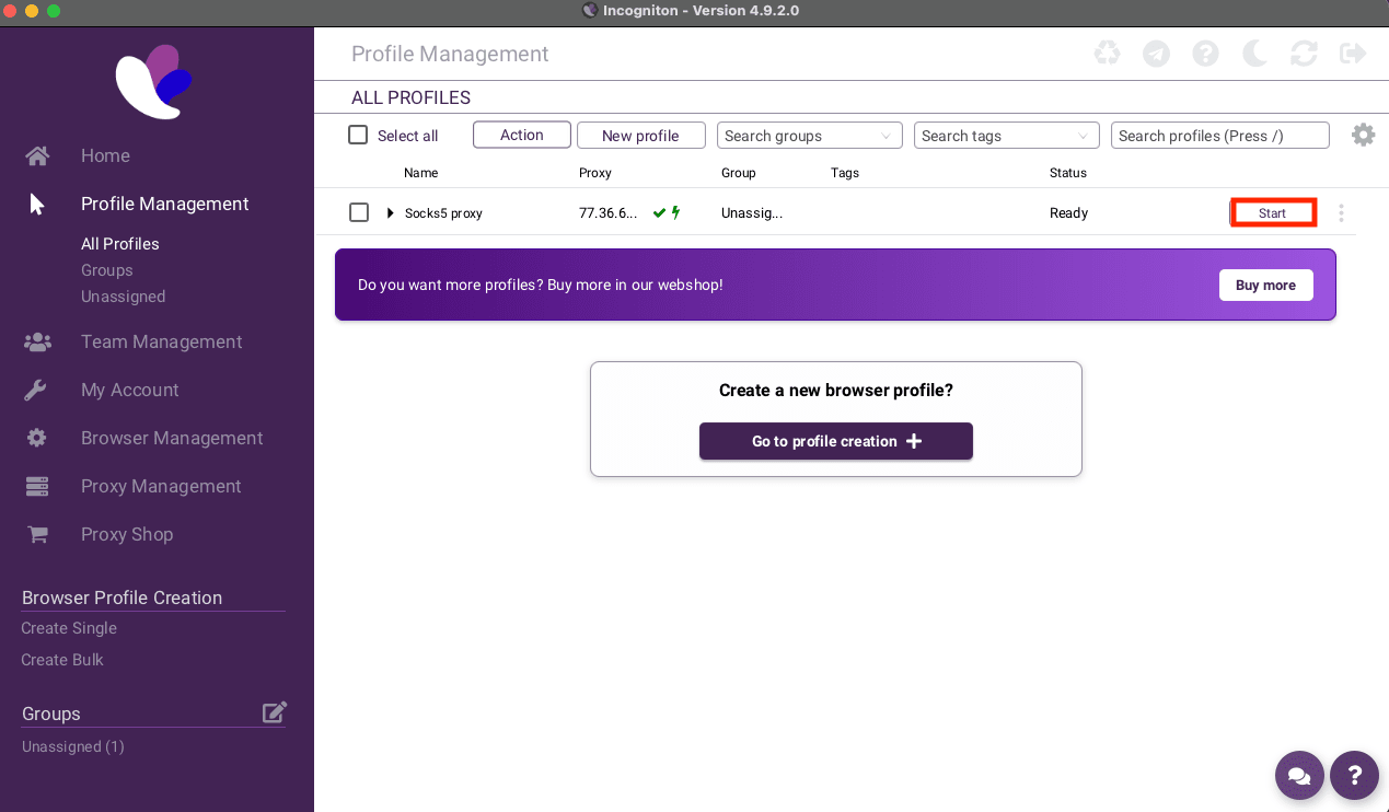Start a browser profile from Incogniton profile management