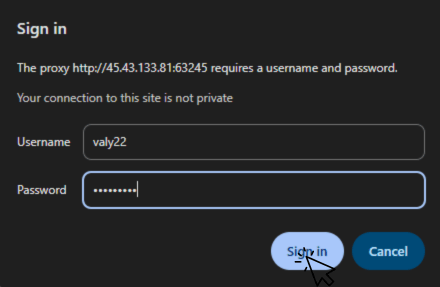 Browser pop-up asking for proxy username and password.