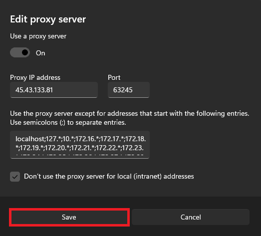 Enter proxy details.