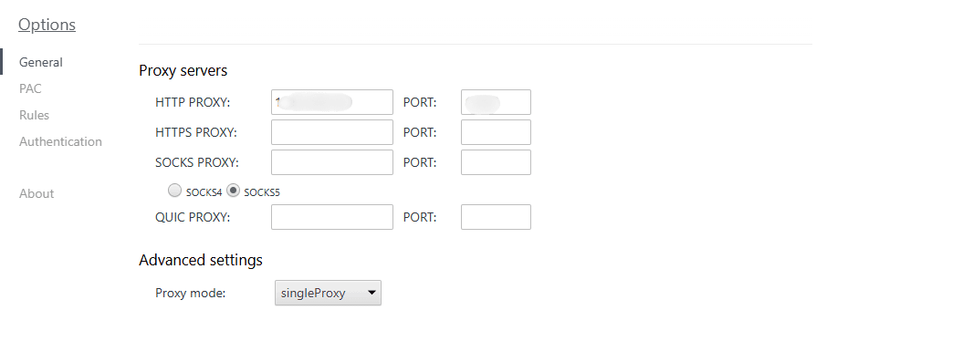 Proxy Helper settings with host and port fields in Chrome.