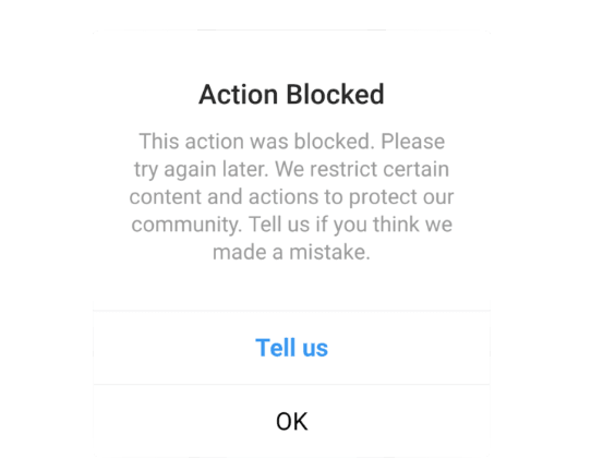Instagram Action Block “Action Blocked” error message