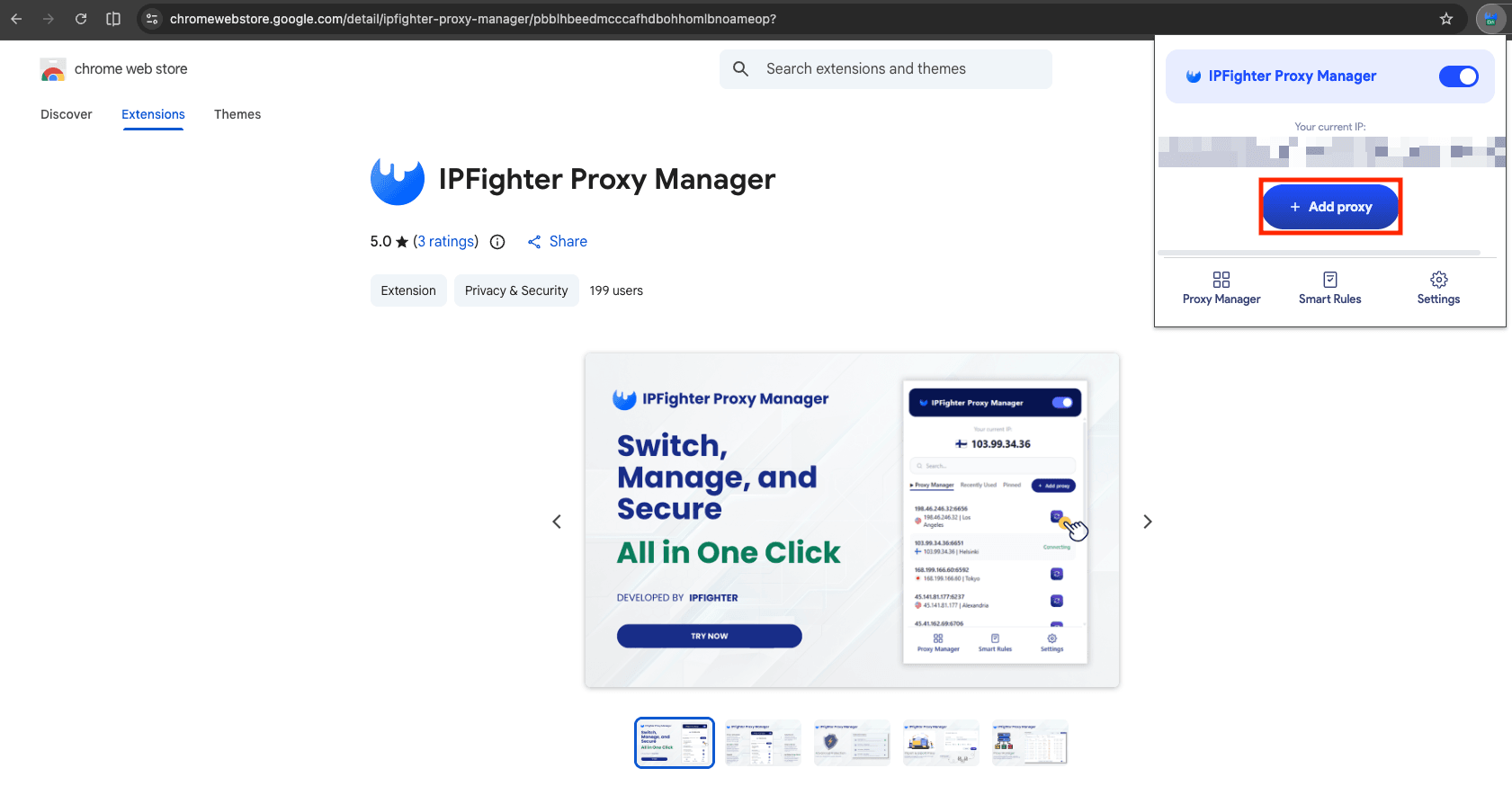IPFighter Proxy Manager dashboard with the Add Proxy button highlighted