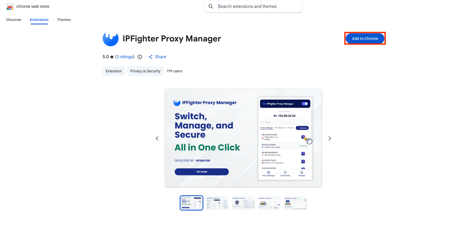 IPFighter Proxy Manager listing in the Chrome Web Store