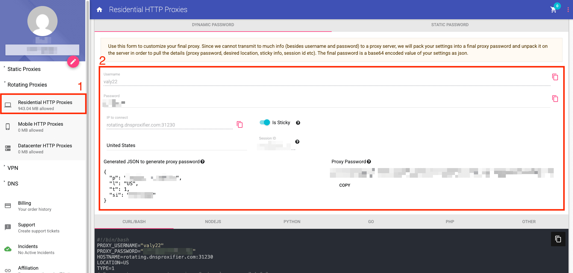 Anonymous Proxies dashboard with rotating residential credentials selected