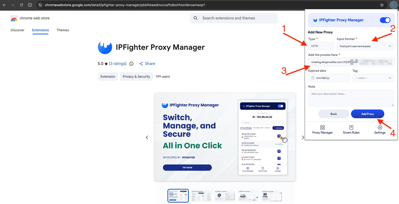 IPFighter add proxy form with HTTP type, input format, and Anonymous Proxies credentials