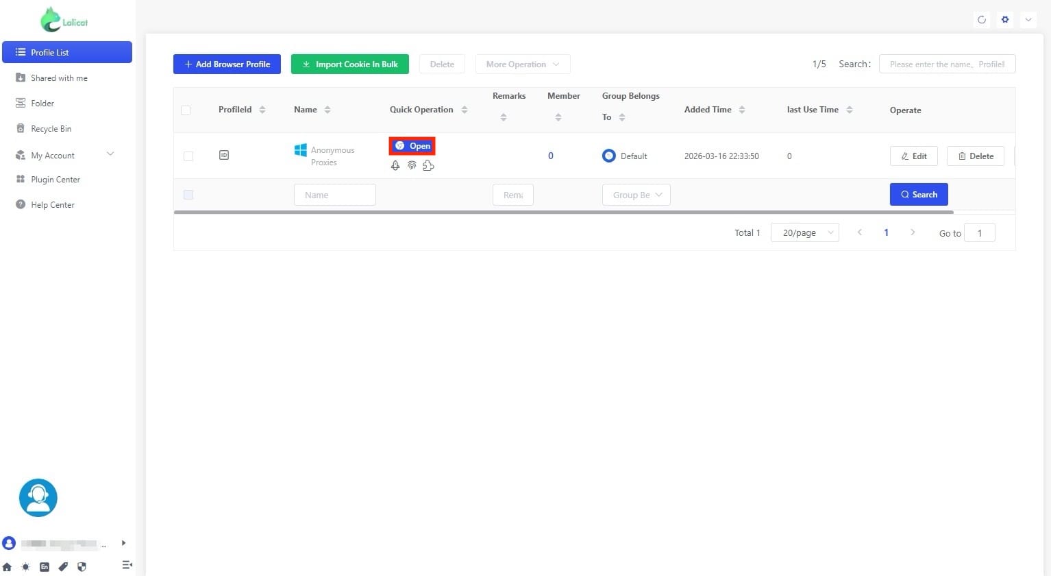 Open browser profile in Lalicat