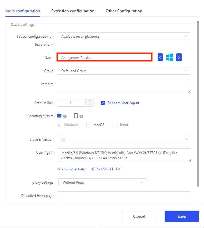 Lalicat browser profile settings