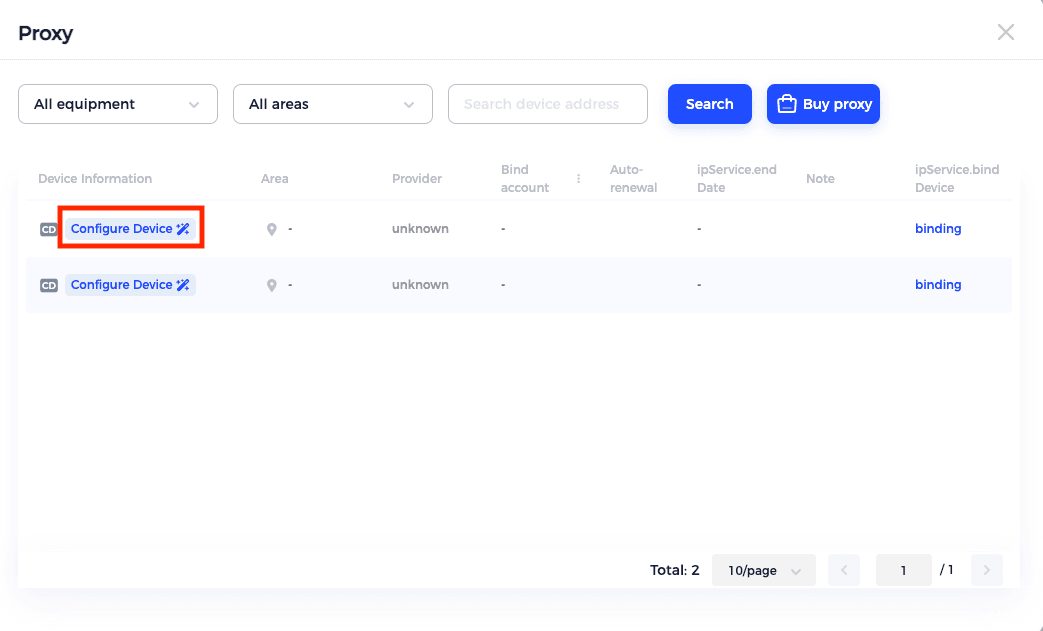 Maskfog Proxy Service page with Configure Device option highlighted