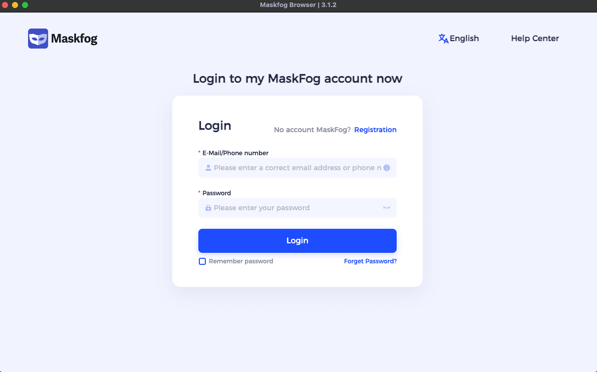 Maskfog browser login screen