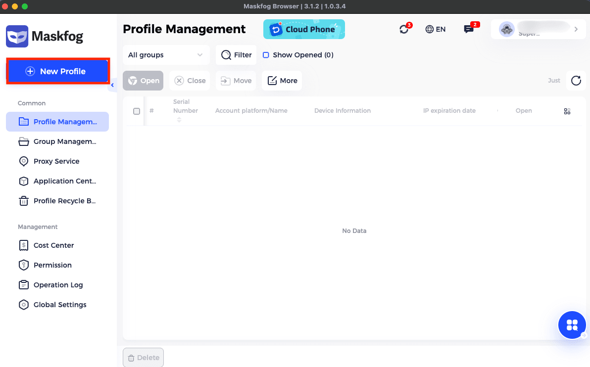 Create a new Maskfog browser profile