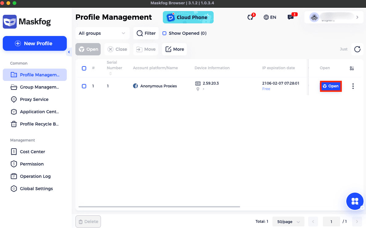 Open the new created profile