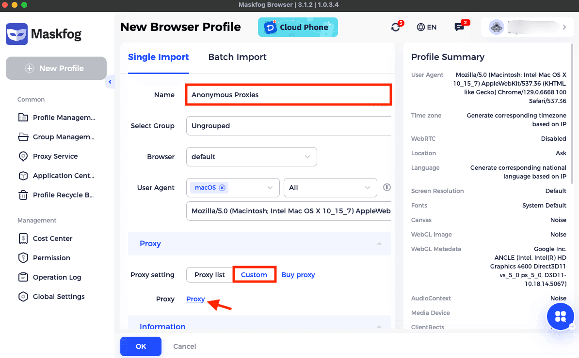 Maskfog custom proxy settings in a new browser profile