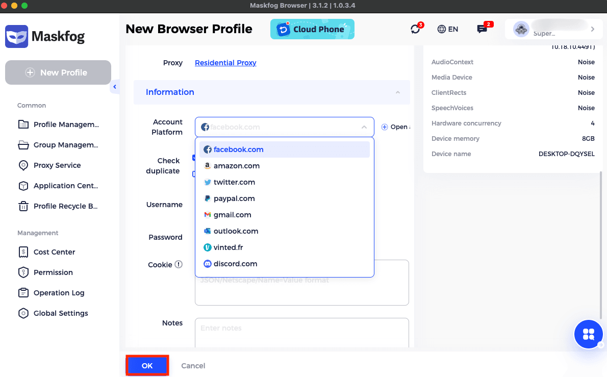Save Maskfog profile with proxy applied using OK button