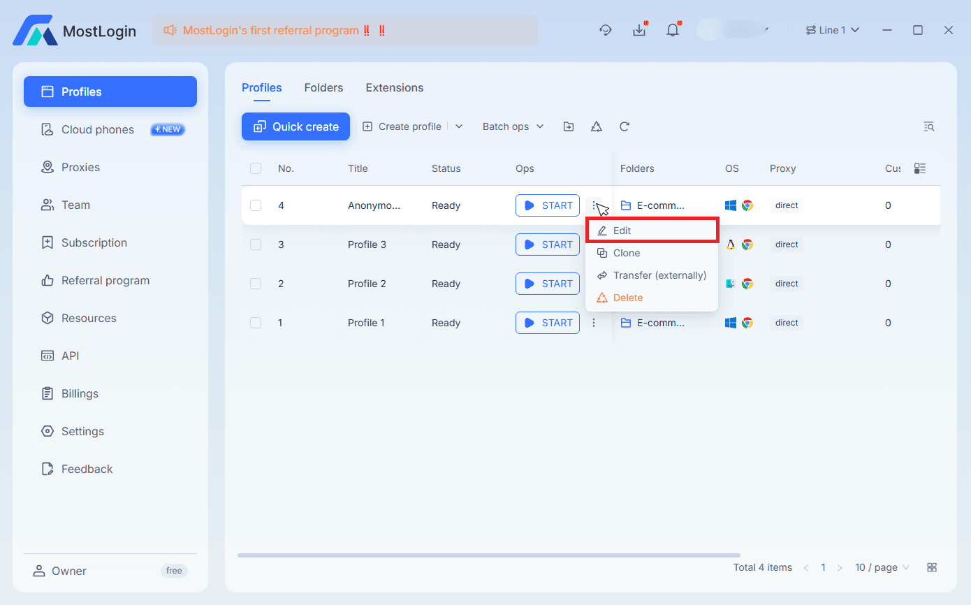 MostLogin profile options menu with Edit.