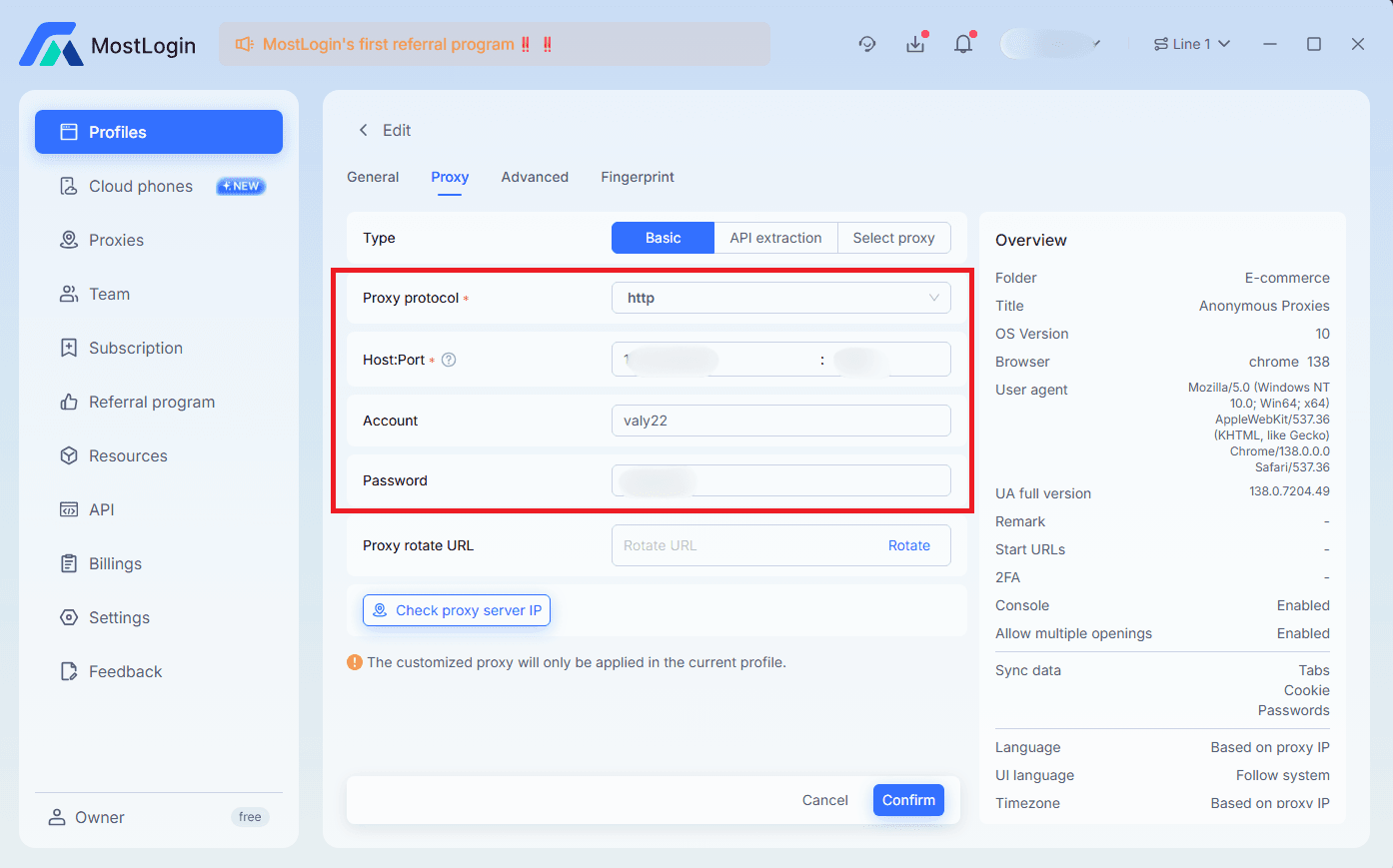 MostLogin Proxy tab filled with residential proxy credentials.