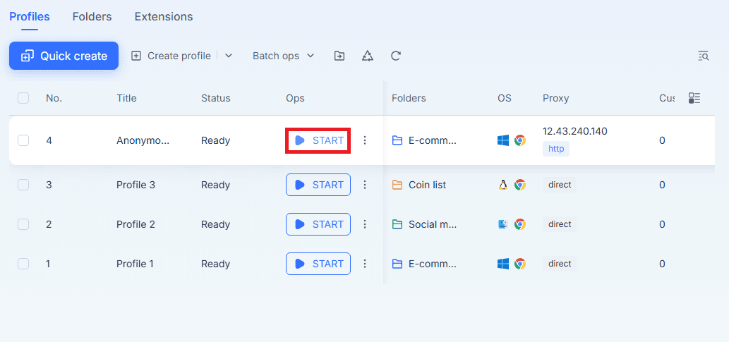 MostLogin profile list with the START button ready to launch the configured profile.