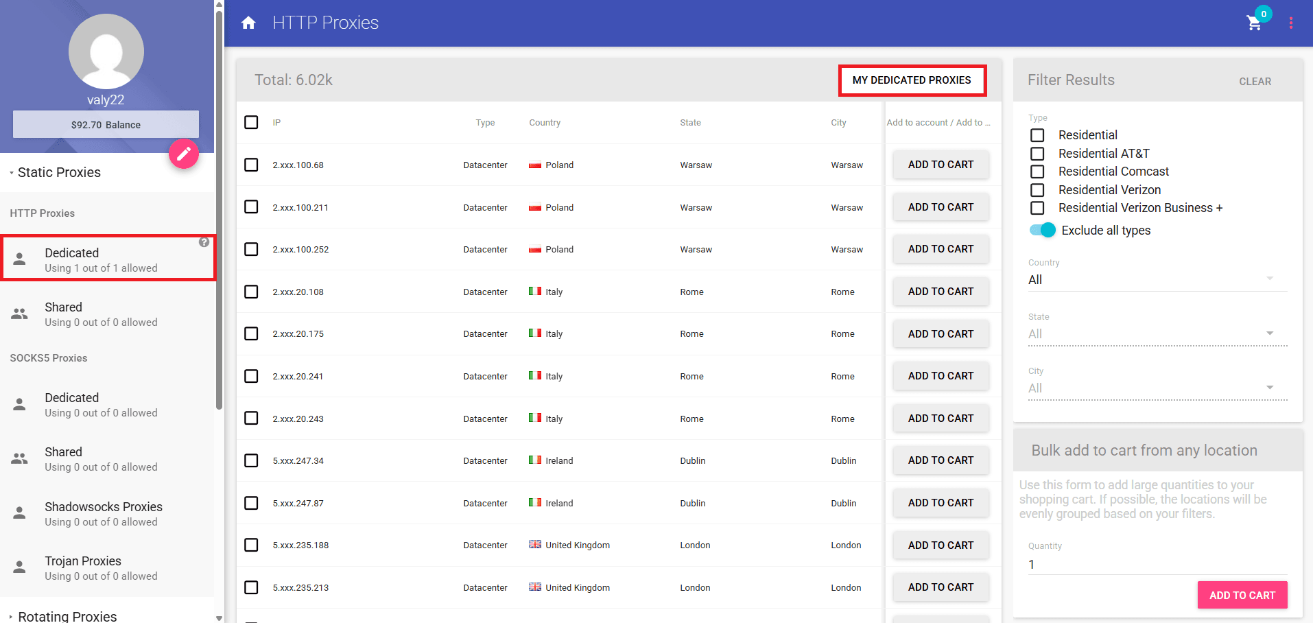 Anonymous Proxies dashboard showing HTTP Proxies.