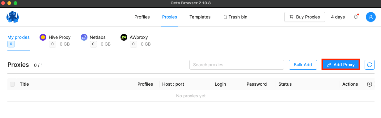 Octo Browser Proxies page with Add Proxy button highlighted