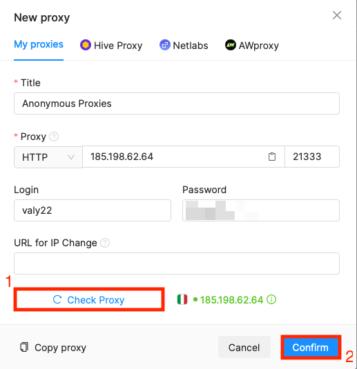Octo Browser proxy check showing a successful Anonymous Proxies connection