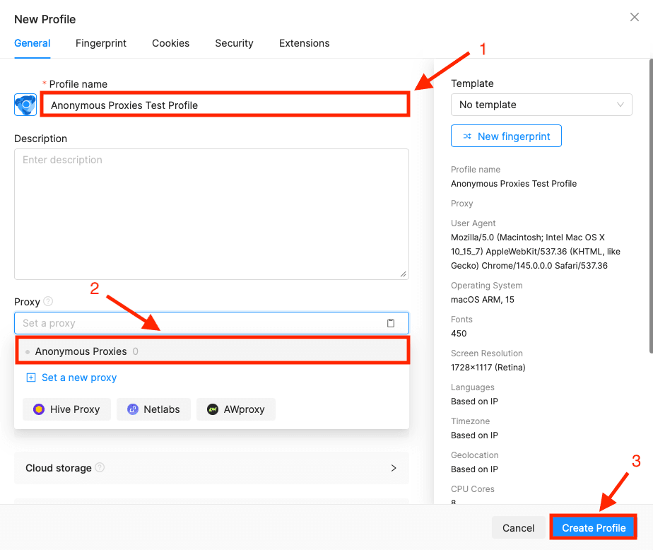 Octo Browser new profile window with profile name and proxy selected