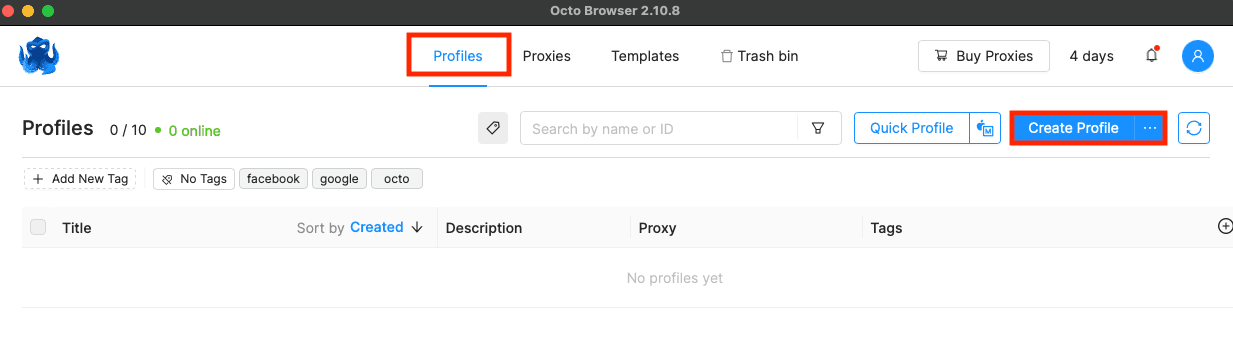 Octo Browser Profiles page with Create Profile button highlighted