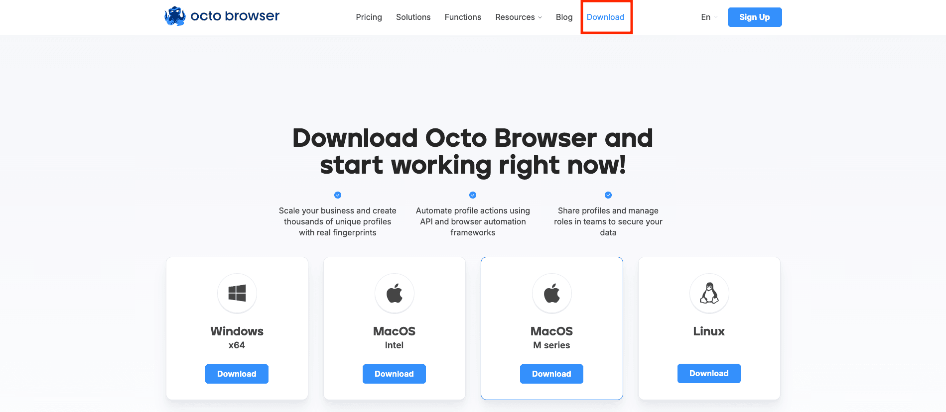 Octo Browser download page with Download button highlighted
