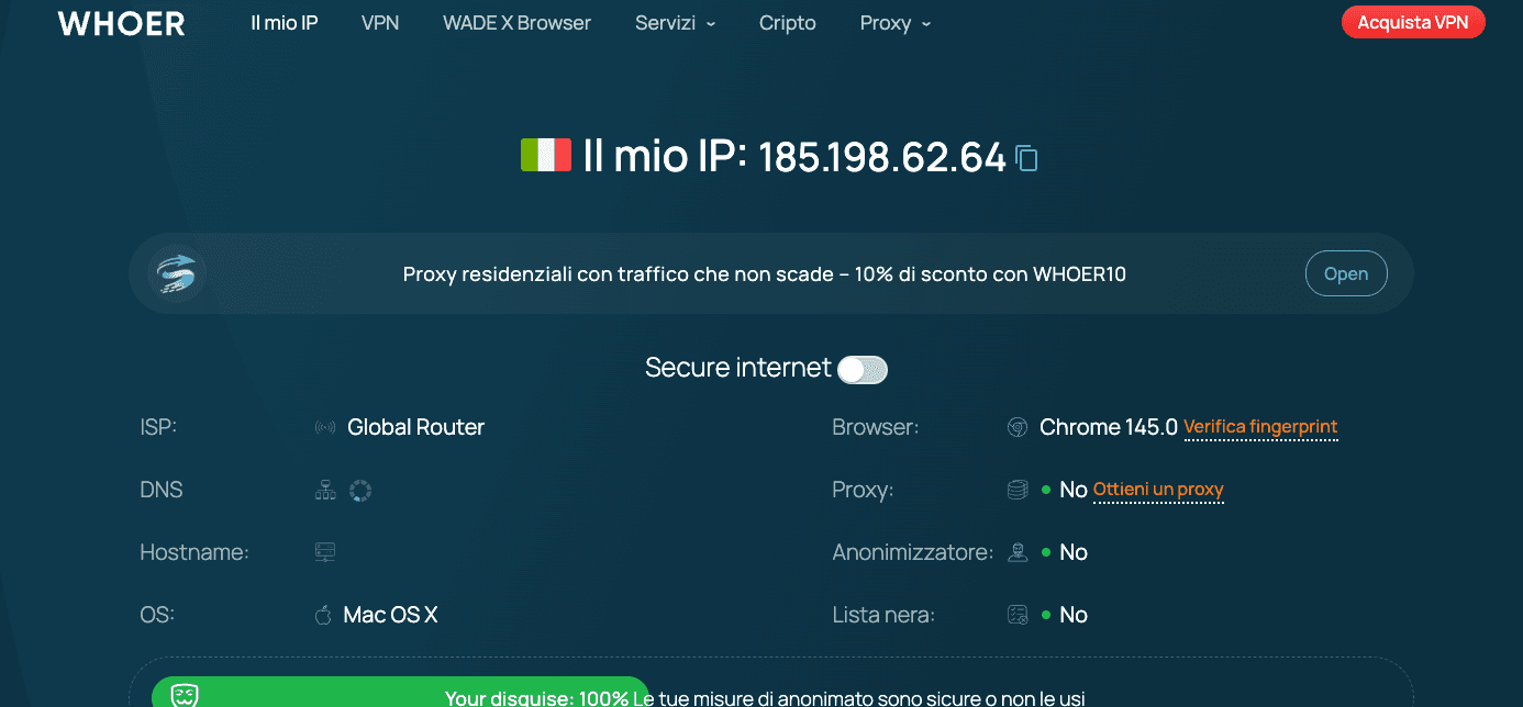 WHOER IP checker showing the active proxy IP in Octo Browser