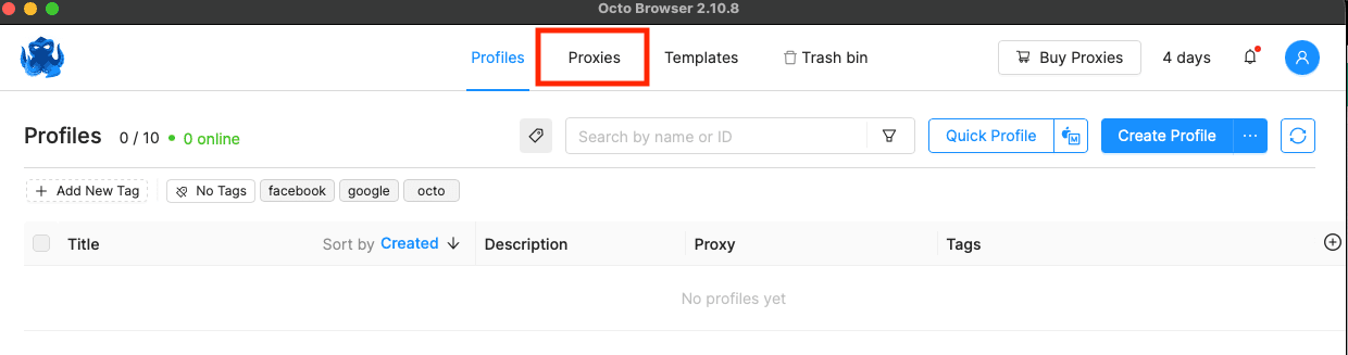 Octo Browser dashboard with Proxies tab highlighted