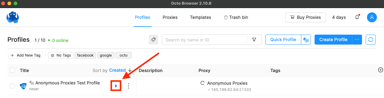 Octo Browser profile list with Start button highlighted