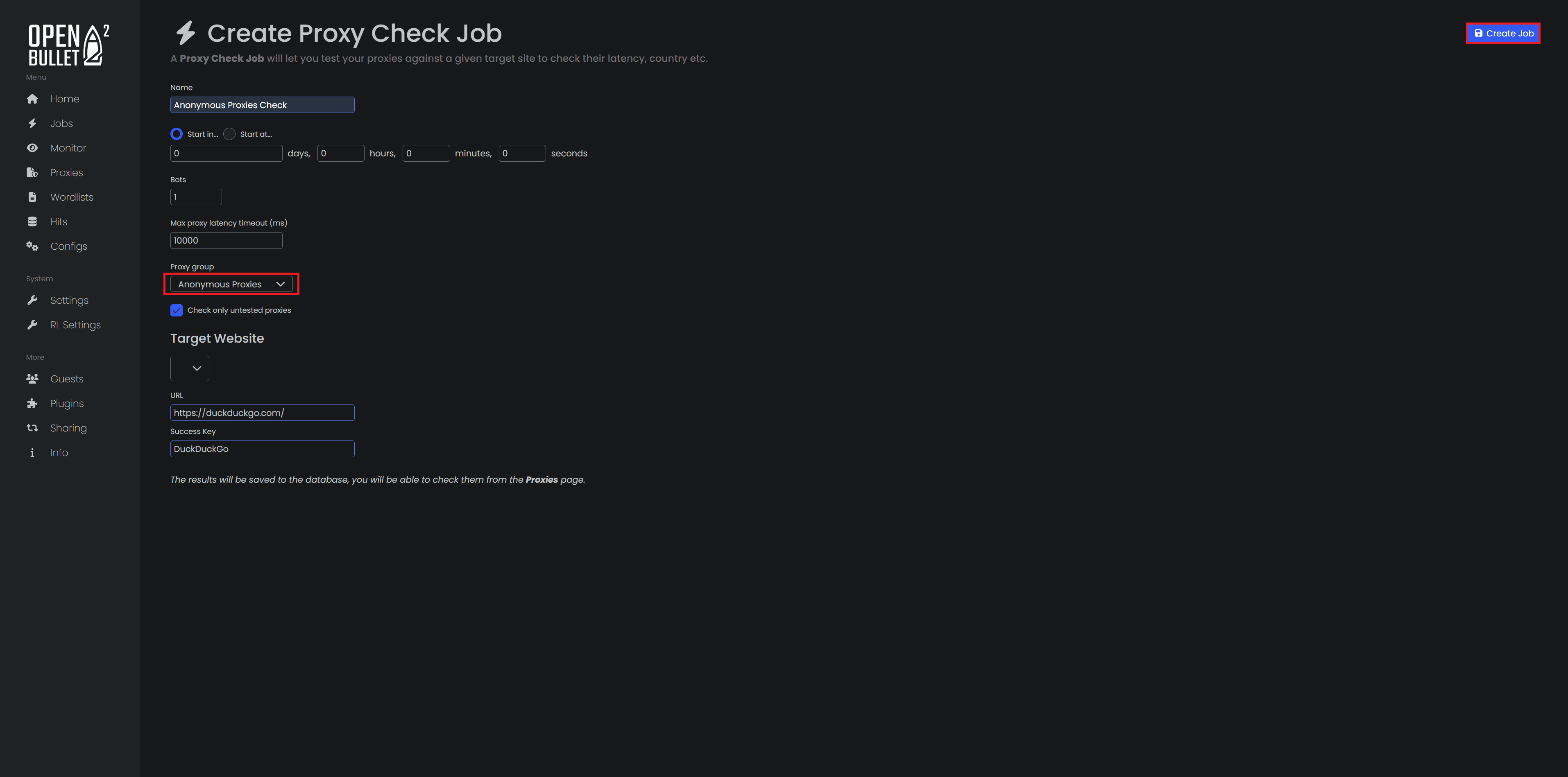 Form for a new Proxy Check Job using Anonymous Proxies.