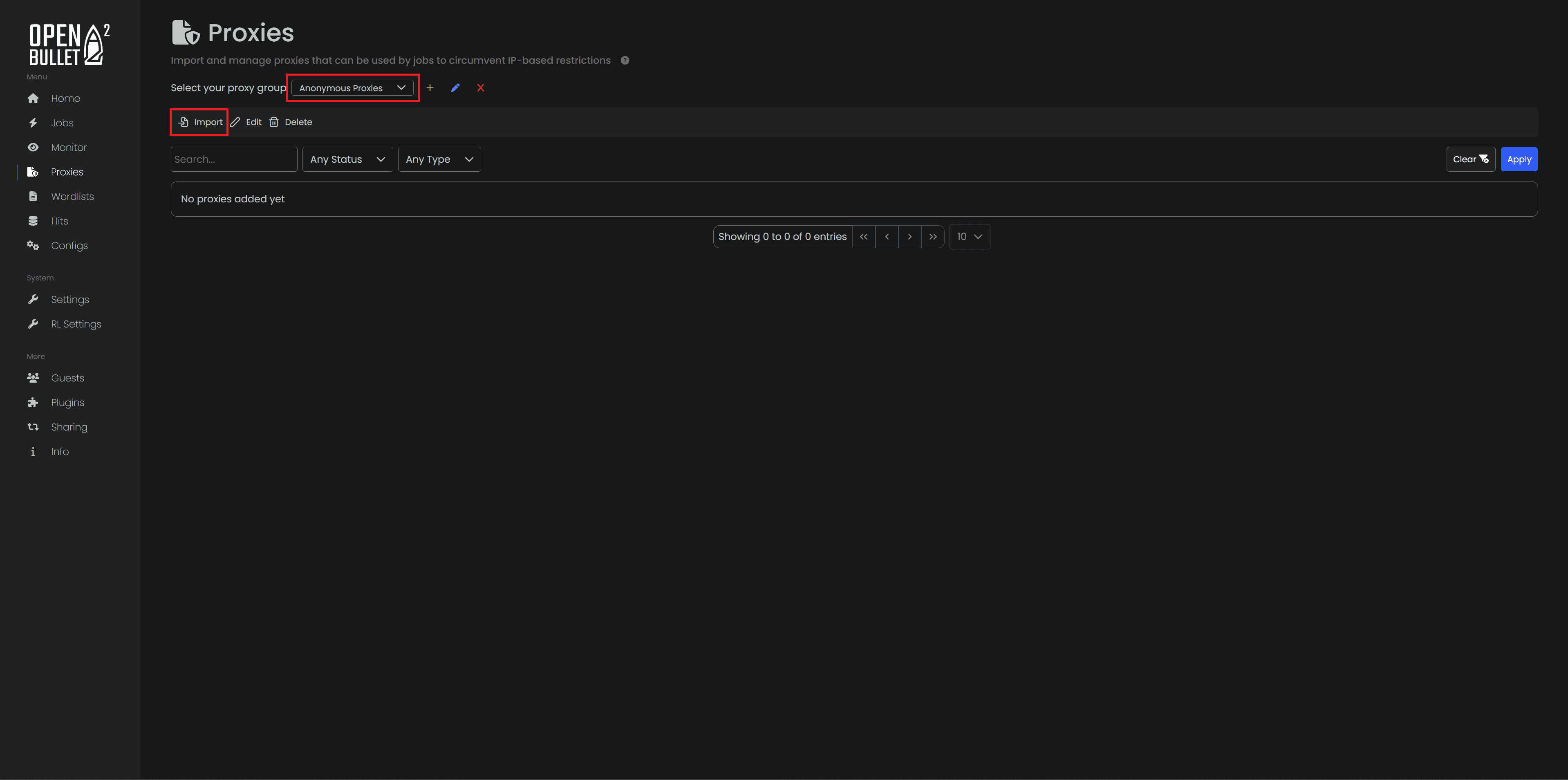Anonymous Proxies group selected with the Import button highlighted.