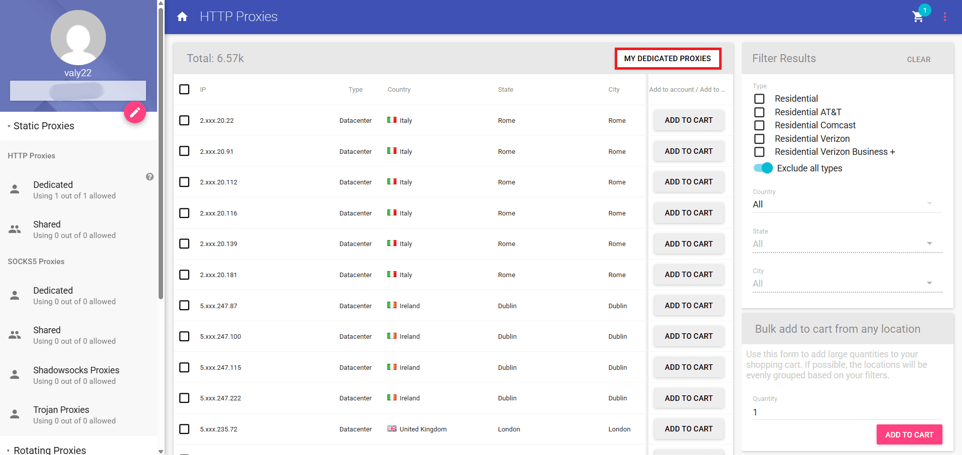 Anonymous Proxies panel listing available dedicated HTTP proxies.