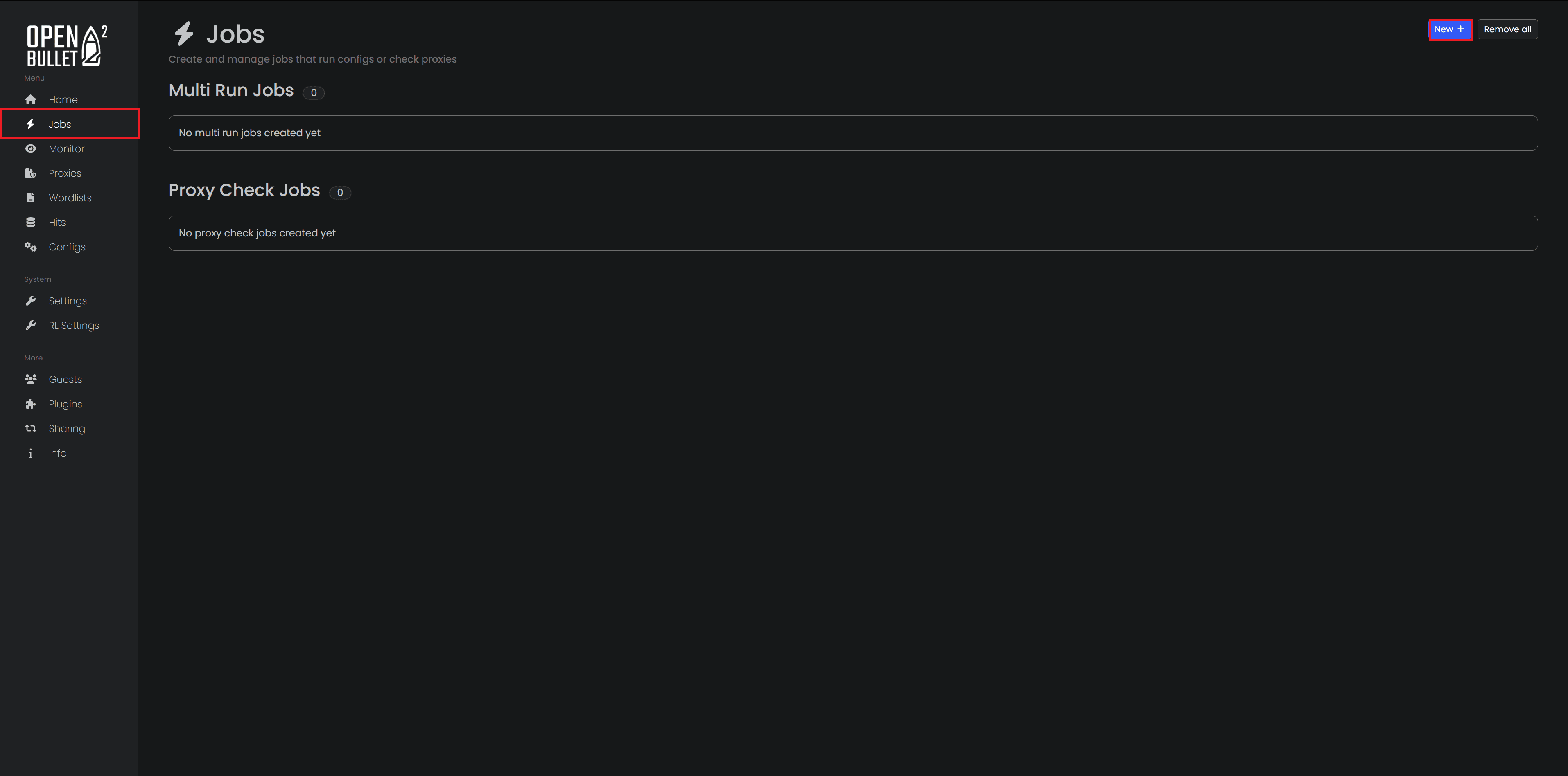 Jobs page with the New button highlighted.