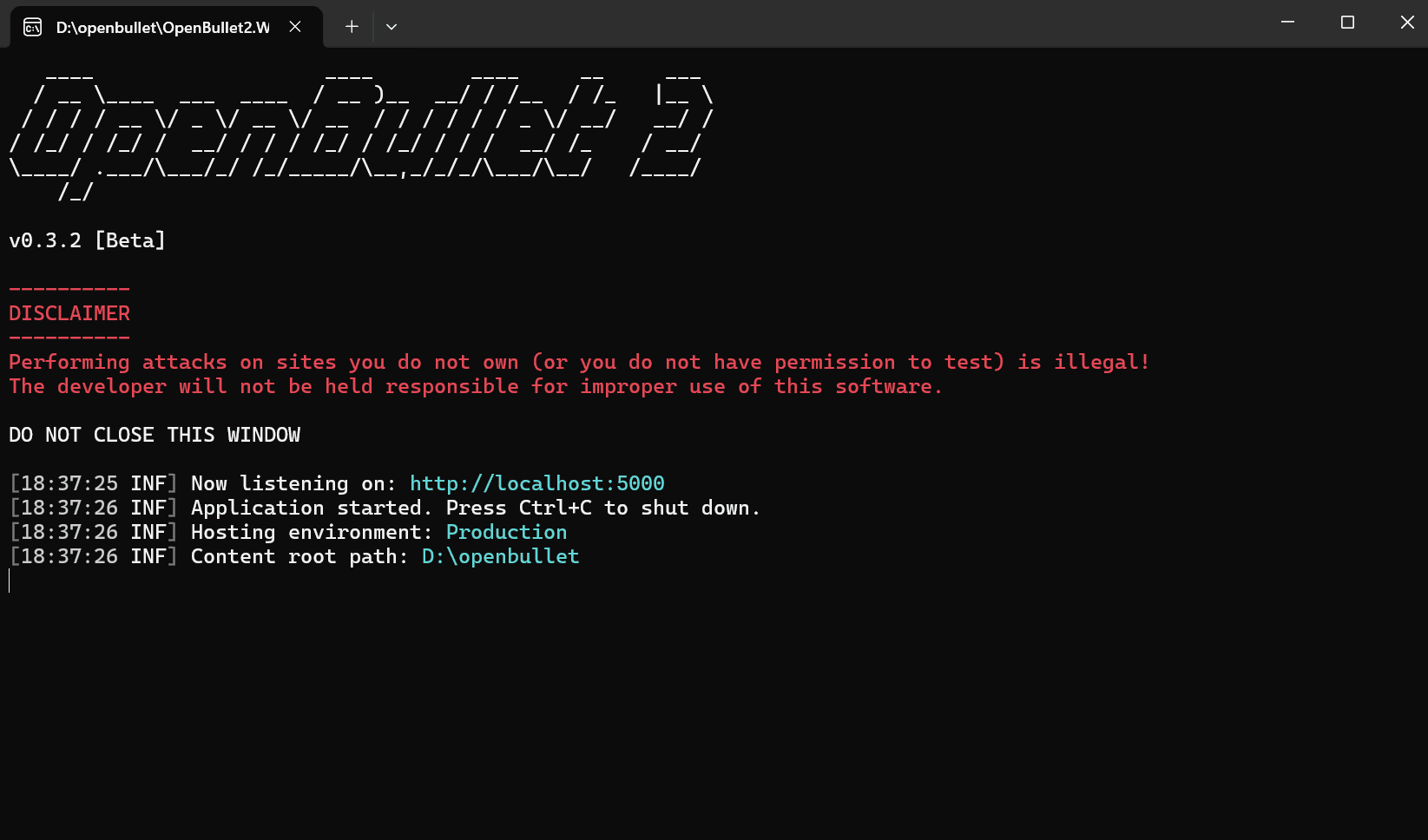 Terminal showing that OpenBullet 2 is running on localhost.