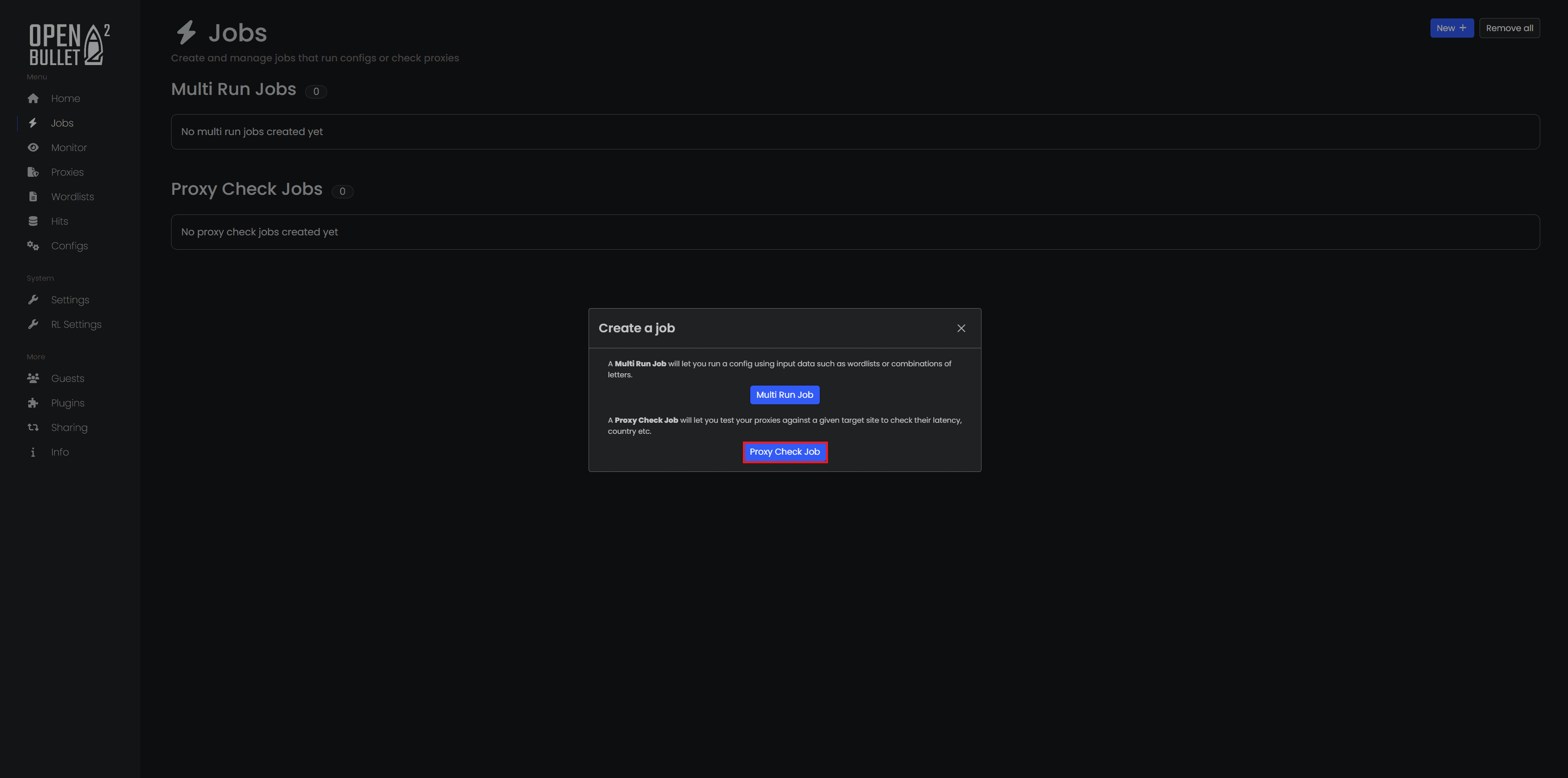 Proxy Check Job screen ready to start testing proxies.