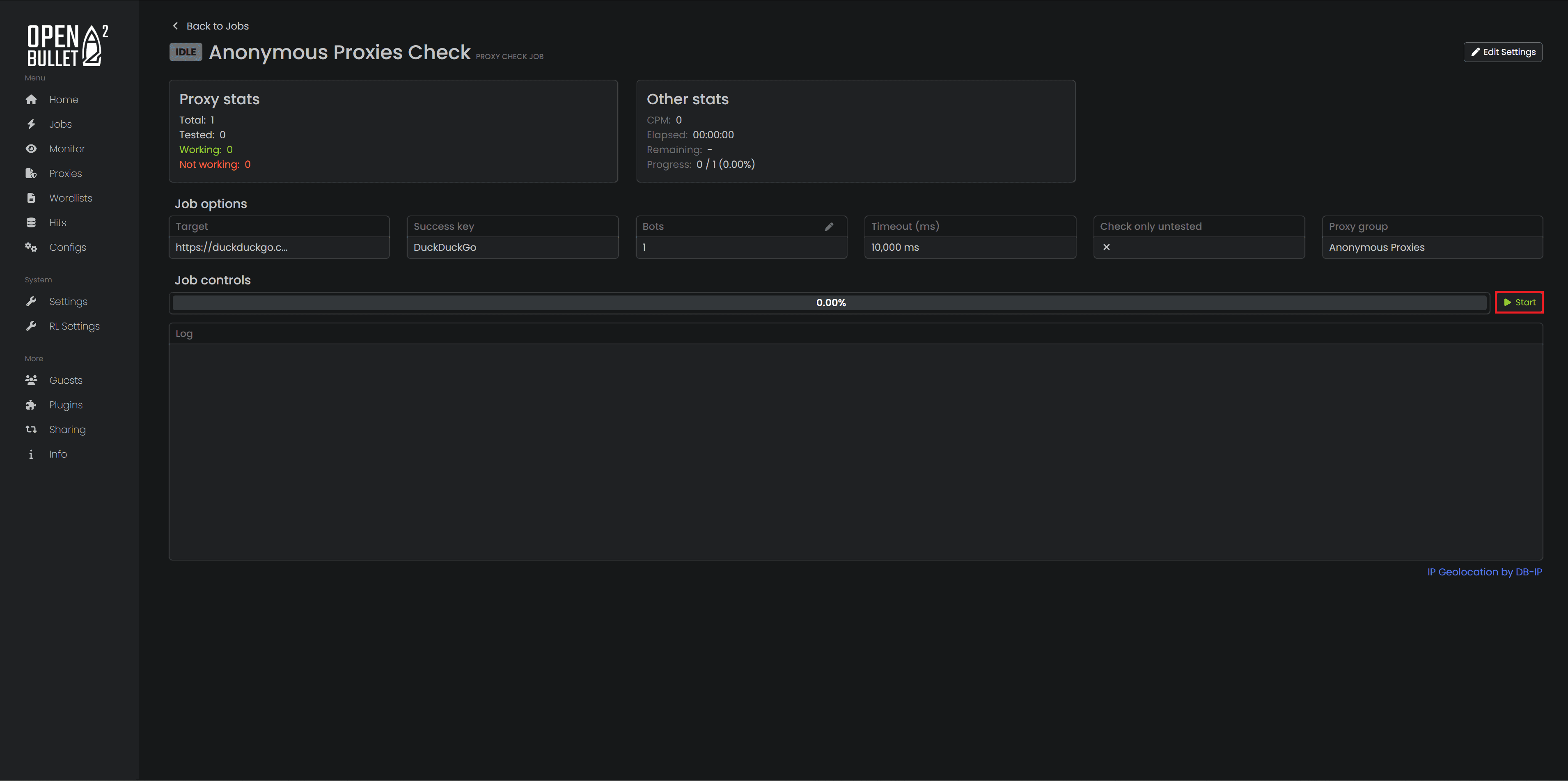 Proxy Check Job view with the Start button highlighted.