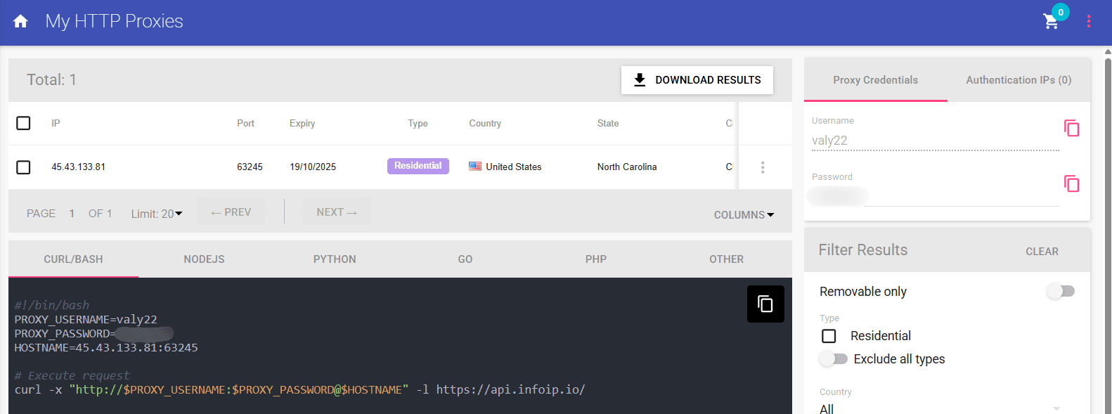 “My HTTP Proxies” view showing the IP, port, and Proxy Credentials panel.