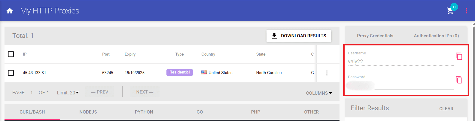 Proxy's details page.
