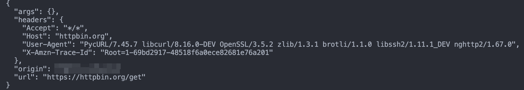 PycURL GET request response from httpbin with headers and origin IP