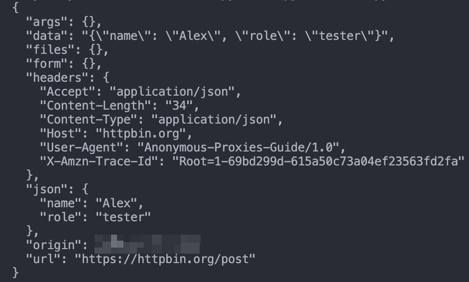 PycURL JSON request response showing custom headers and posted data