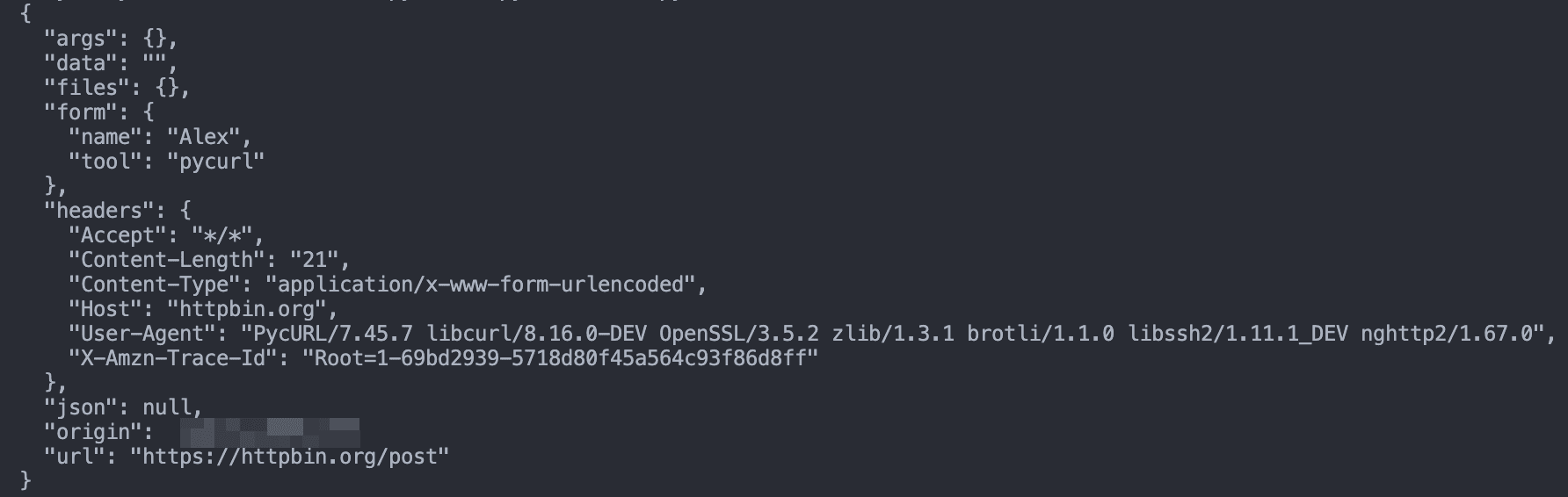 PycURL POST request response showing submitted form data in httpbin