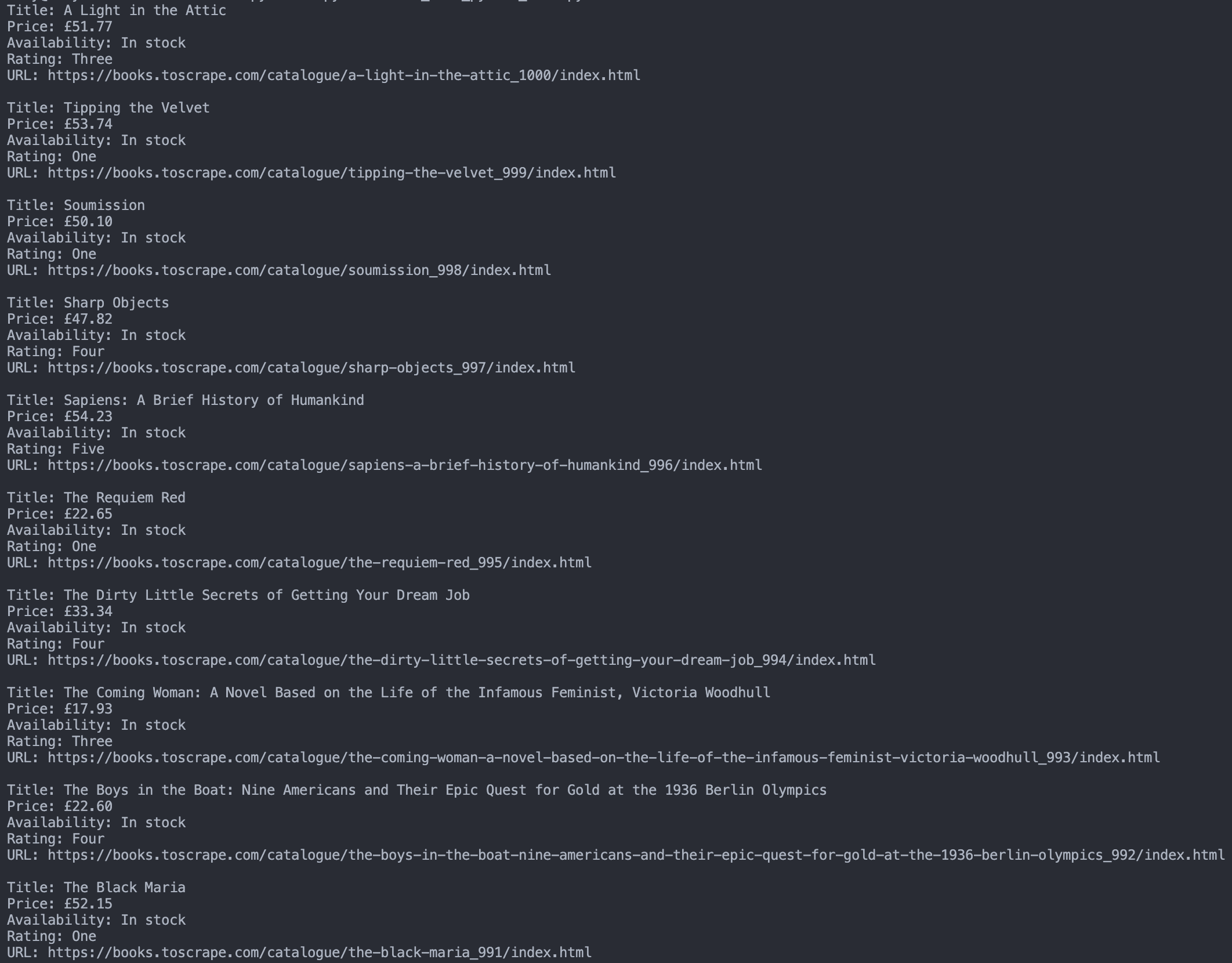Terminal output showing the first 10 scraped books with price, availability, rating, and product URL