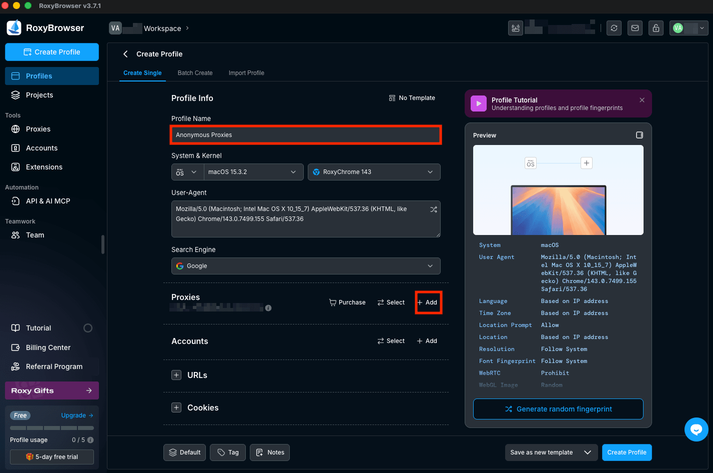 RoxyBrowser create profile screen with Proxies section and Add button highlighted