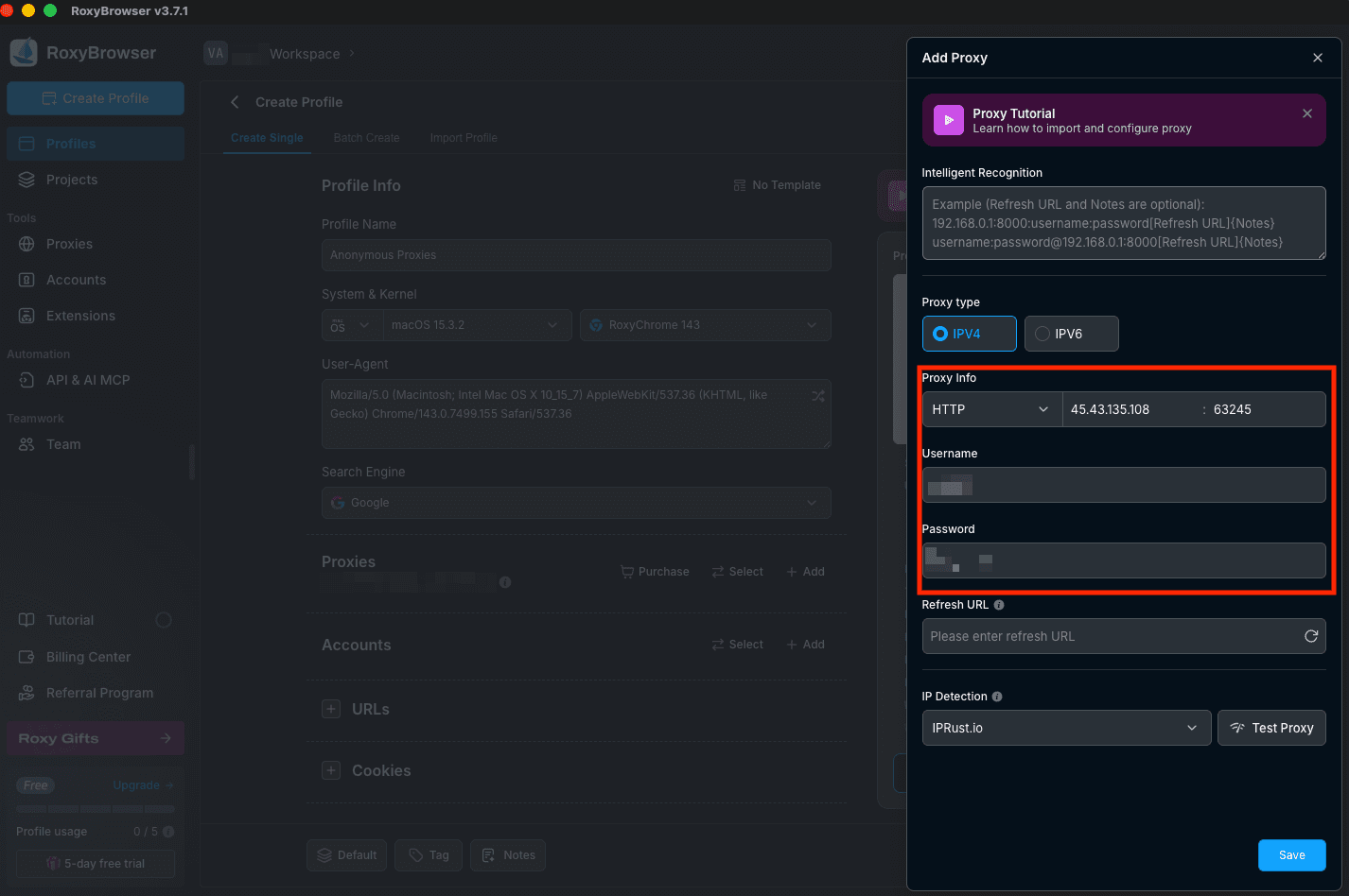 Add proxy window entering Anonymous Proxies host, port, username, and password
