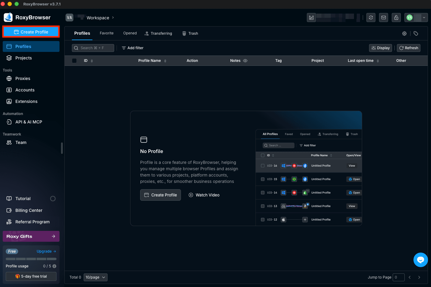Create profile in RoxyBrowser