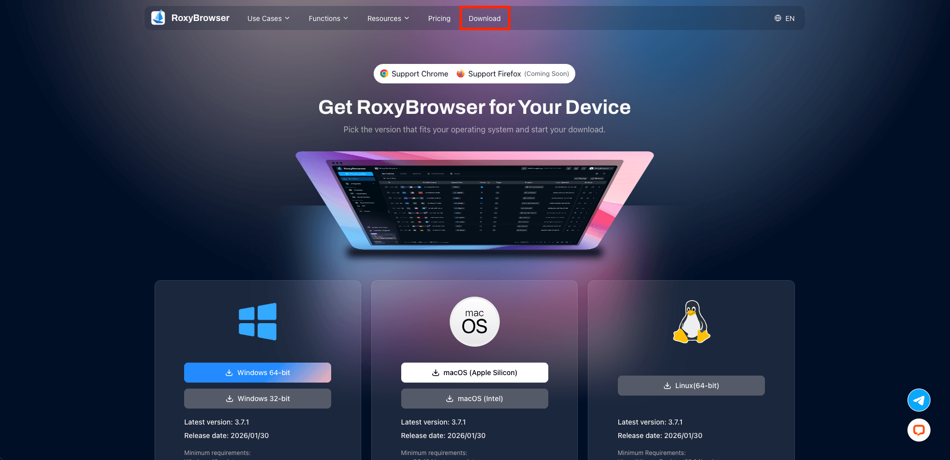 RoxyBrowser download page with installers for Windows, macOS, and Linux